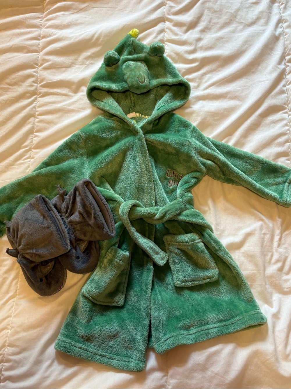 Kids’s fleece dino bathrobe and llbean shark slippers